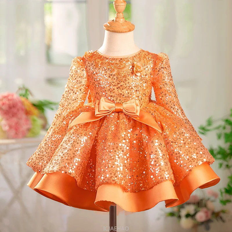 

Girls Long Sleeve Luxury Sequin Flowers Birthday Kids Piano Performance Host Princess DressSolid Color Bow Gown Formal Wear