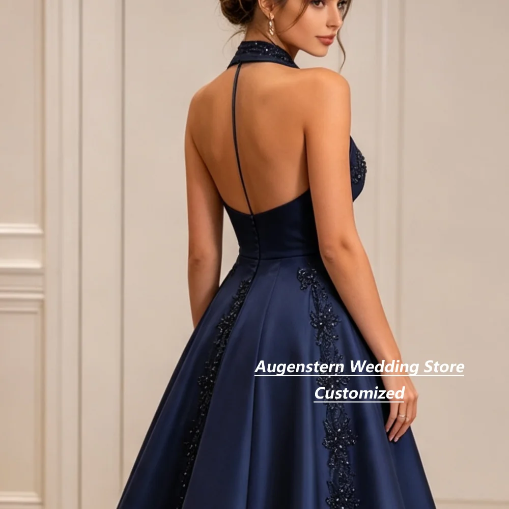 Customized Halter Neck Navy Satin A Line  Mother Of The Bride Gown Backless Beaded Lace Appliques Formal Wedding Party Gown