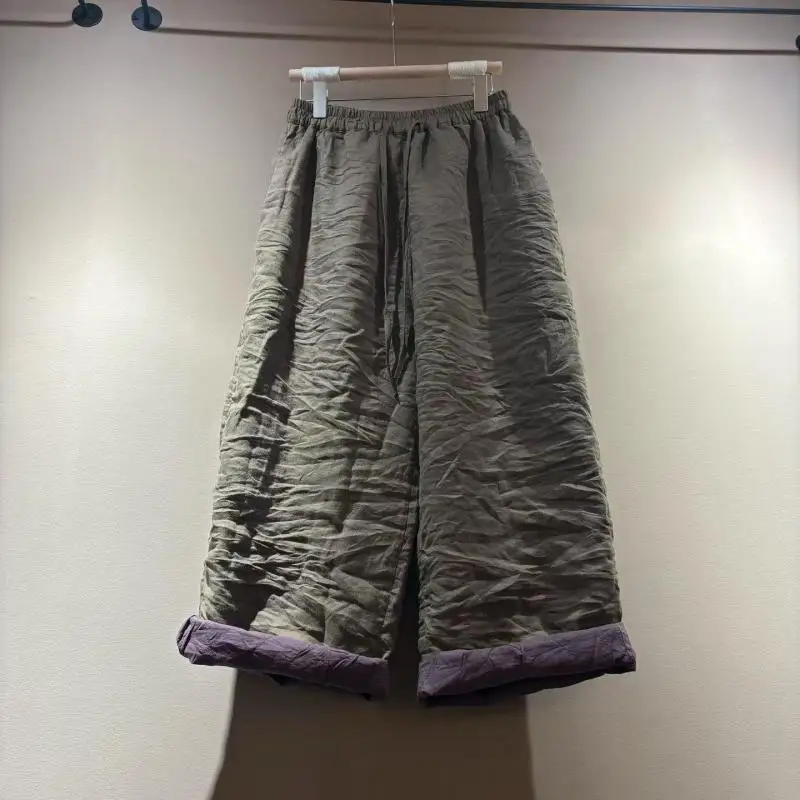 Autumn Winter Arts Style Women Elastic Waist Thicken Warm Loose Casual Pants High Quality Cotton Linen Vintage Wide Leg Pants