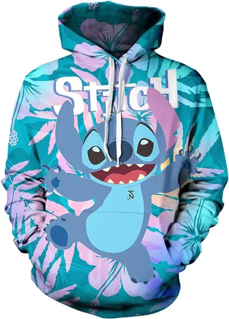 2024 Disney Stitch Cartoon Printed Children\'s Clothing Pullover Hooded Sweatshirt Autumn New Long Sleeve Tops for Boys and Girls