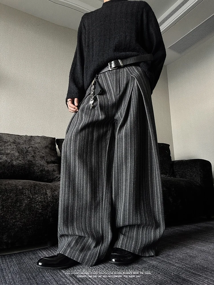 American High Street Retro Folded Design Wide Leg Woolen Trousers Men Women Casual Pants Autumn Winter Loose Fit Straight Leg