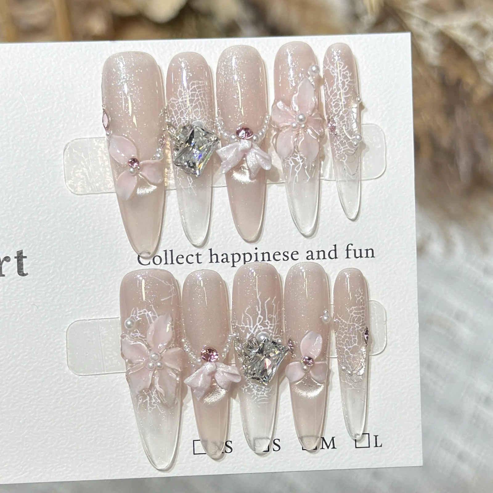 10pcs 3D Pink Floral Press On Nails Glitter French Style False Nails with Butterfly Bowknot Rhinestone Pearls DIY Elegant Nails