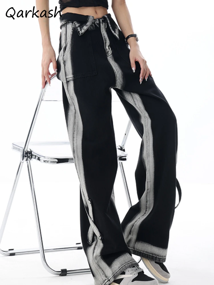 

Women Jeans High Waist Contrast Colors Autumn Chic Do Old Street All-match Trendy Casual Soft Korean Style Wide Leg Trousers Ins