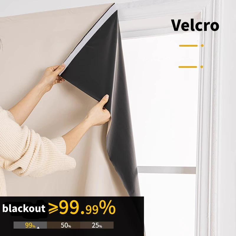 Easy Installation Adhesive 100% Blackout Curtains for Living Room Short Curtains Bedroom Kitchen Partitions Soundproofing