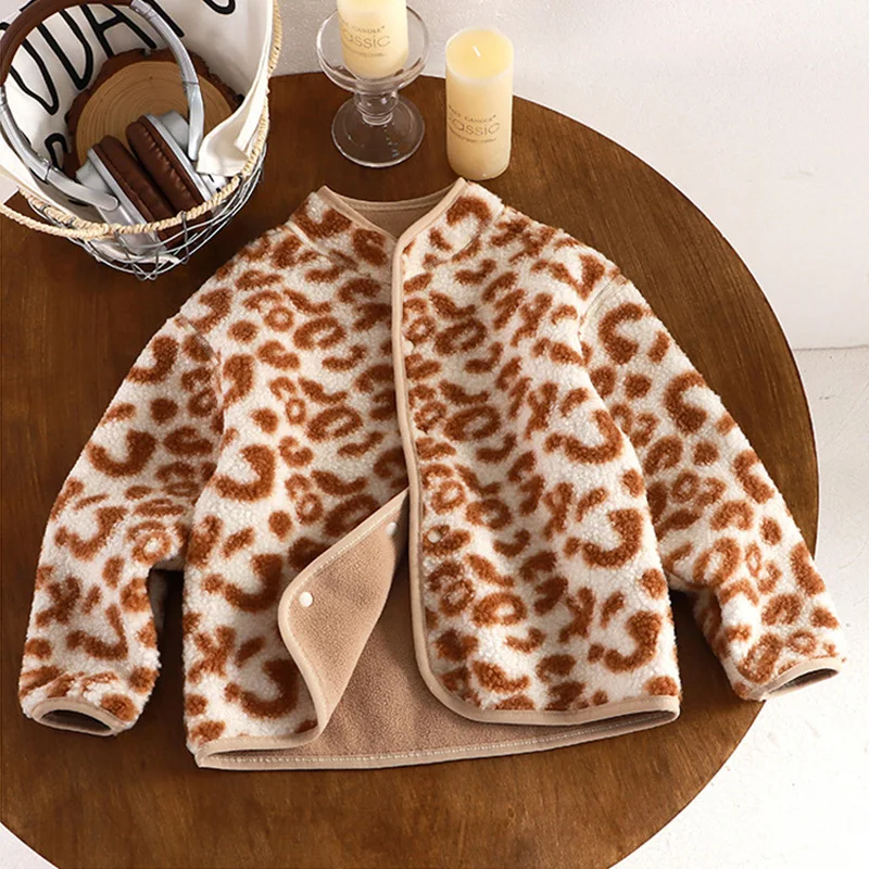 129  Children's Fleece Reversible Jackets Boys Girls Plush Printed Coats Kids Winter Thicken Outerwear Teenager Padded Clothing