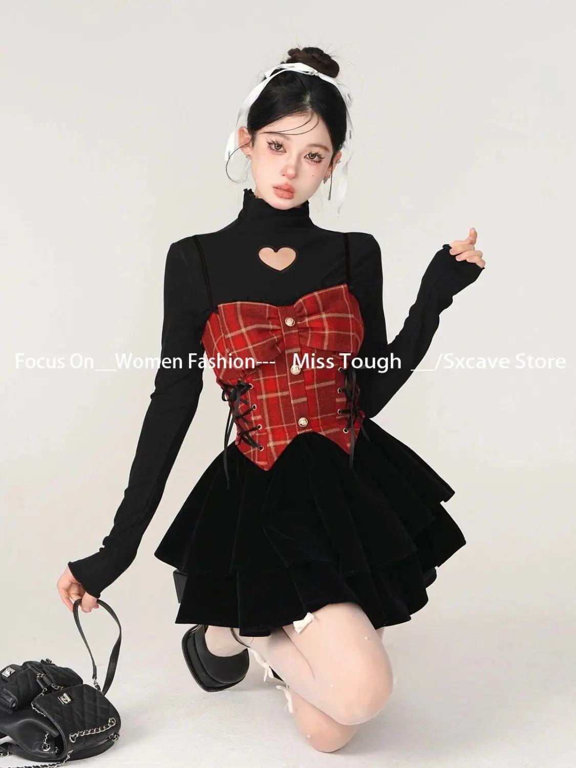 2 Piece Dress Set Autumn Women Gyaru Y2k 2000s Vintage Evening Suit Outfits Long Sleeve T-Shirts + Mini Plaid Patchwork Dress