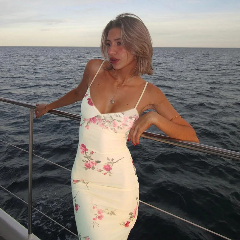 Abito lungo slip sexy bianco Abito lungo aderente floreale con scollo a V Abito da sera estivo per feste 2025 Nuovo arrivo Beach Boho Holiday Abiti femminili