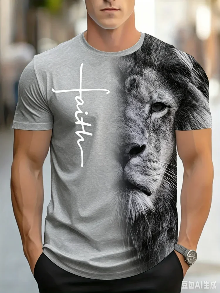 Hot Sale Men's 3D Lion Printed T-shirt Faith Cross Script Print Crew Neck Tops Trend Casual Short Sleeve Summer Man Streetwear