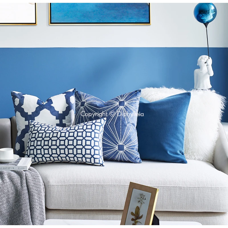 Diphylleia Argyle Blue And White Lumbar Pillow Case Luxury Handmade American Style Modern Geometry Pattern Cushion Cover 30x50cm
