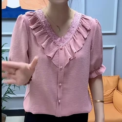 2024 Summer Chinese Style Minimalist Fashion Chiffon Pullovers Short Sleeved Loose V-neck Folds Lace Button Women's T-shirt Top