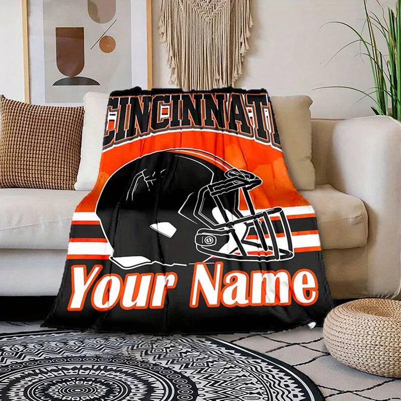 Custom Football Helmet Blanket Cincinnati Orange Black Design Personalized Name Fleece Throw All Season Soft Warm Bedding Home