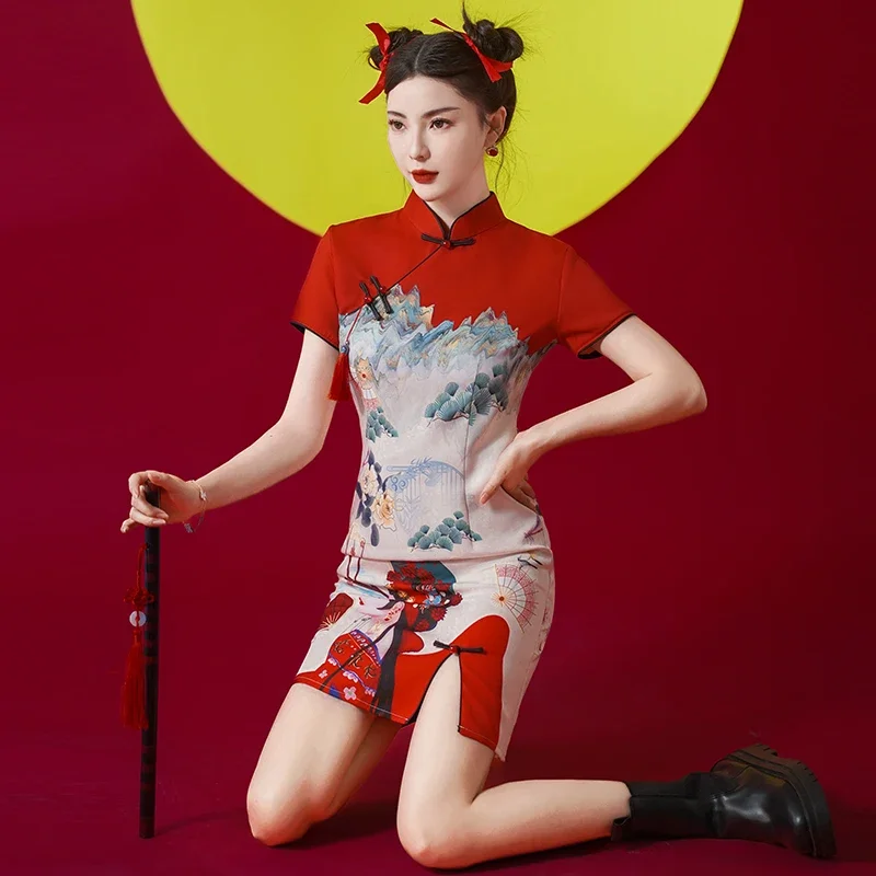 

Modern Cheongsam Dress Women's Red Retro Floral Print Qipao Modern Chic Chinese Style Party Dress
