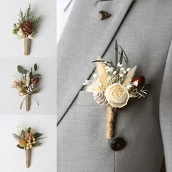 1pcs Dried Flower Bouquet Brooches Handmade Wedding Groomsmen Buttonholes Corsage Bridesmaid Flower Banquet Party Clothing Decor