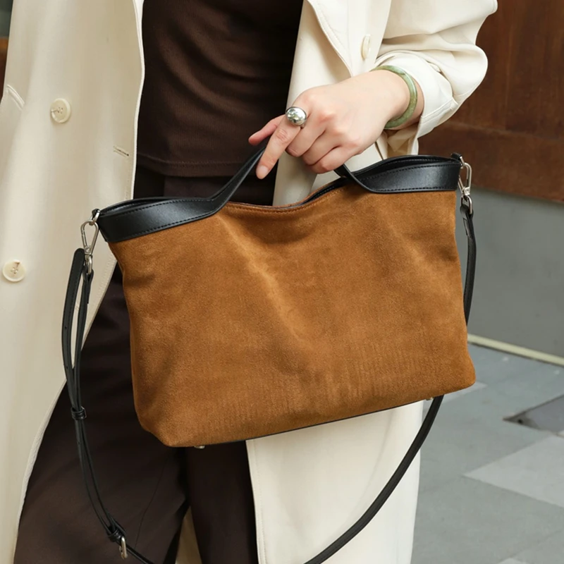 

Burminsa Cowhide Suede Genuine Leather Tote Handbags For Women 2025 Luxury Designer Satchel Work Ladies Shoulder Crossbody Bags