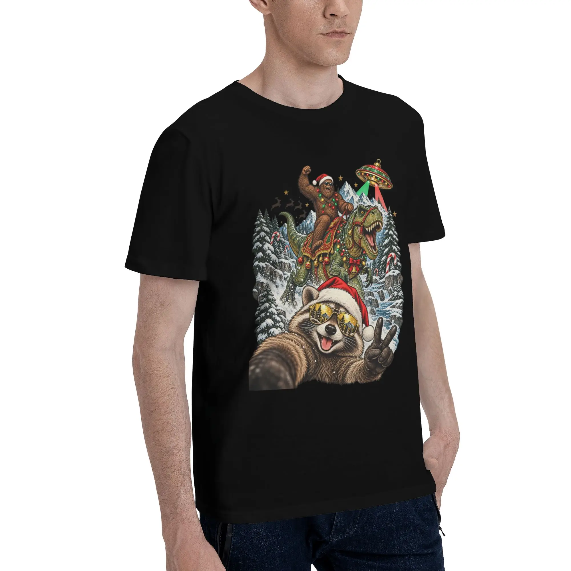 Mens Womens Funny Bigfoot Ride Dinosaur Raccoon T Shirt 100% Cotton Graphic Tee Shirts  Clothing Outfits