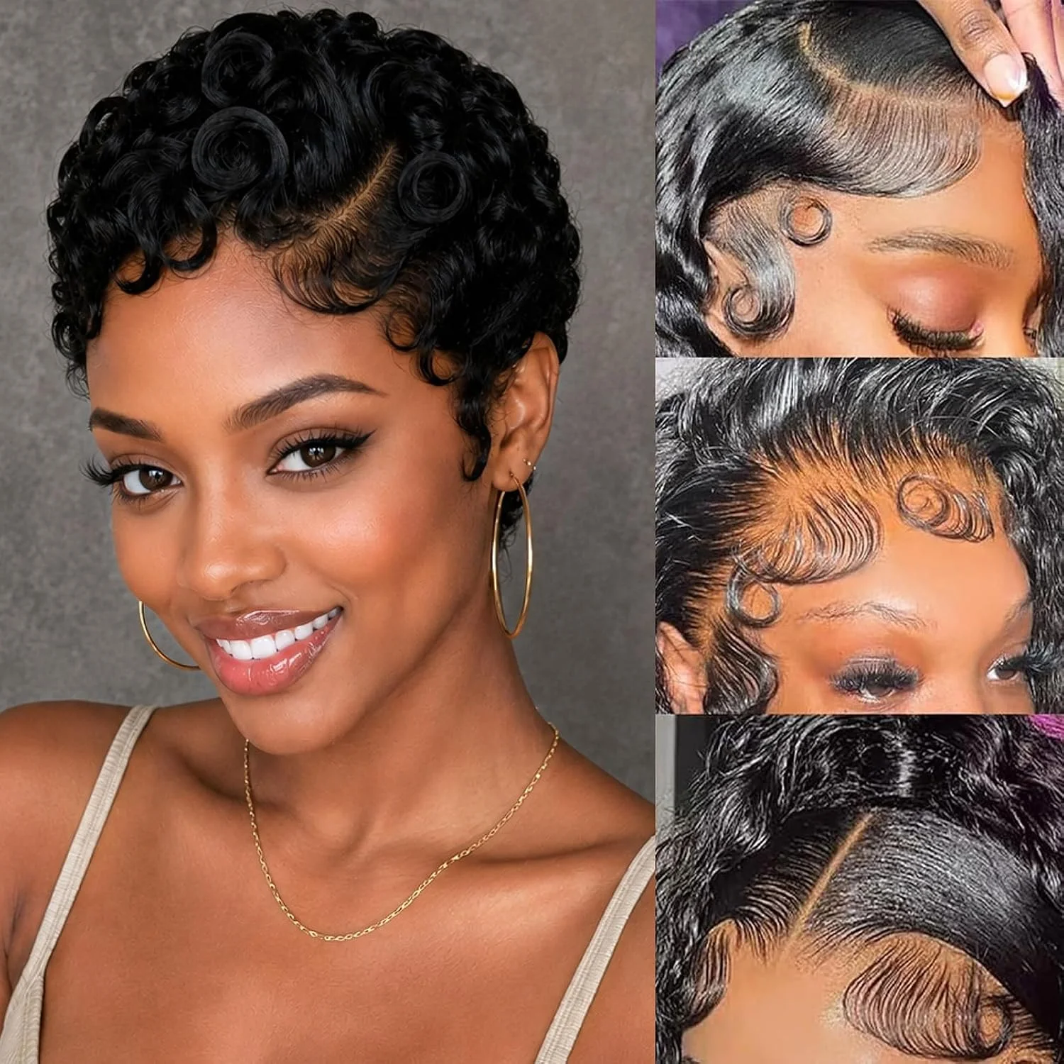 Women's Short Curly Pixie Cut 13x4 Lace Front Wig Side Part Human Hair Wigs Machine Made 13x4 Lace Frontal Wigs for Data&Casual