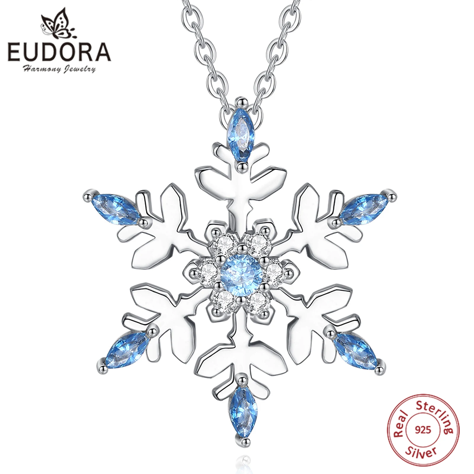 

Ожерелье Eudora из стерлингового серебра 925 пробы со снежинками, синий циркон, зимний кулон, элегантные рождественские украшения, праздничный подарок для женщин и девочек