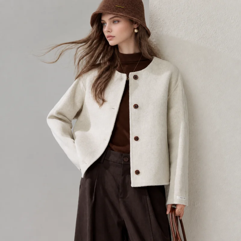 Women Off White Cropped Jacket | Round Neck Button Front Casual Outerwear