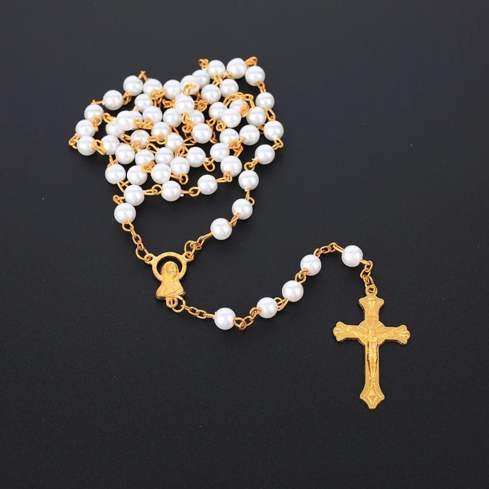 Colar de rosário de pérola redonda, 6mm, para mulheres, crucifixo religioso católico, pingente de cruz, contas longas, corrente, homens, joias de oração, presente