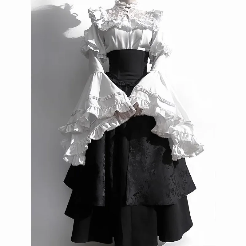 2025 Neues Gothic-Hemd Y2k Top Lolita Mädchen Rüschen Regenschirmrock Hohe Taille Lange Röcke Horn Langarm Student Elegante Bluse