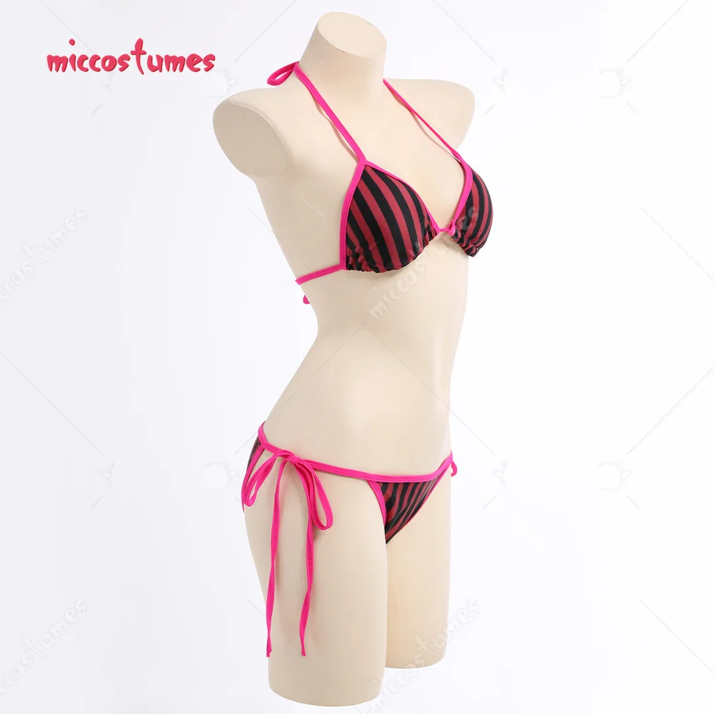 Traje de baño de dos piezas a rayas rojas y negras para mujer, conjunto de Bikini con cordones, traje de baño para playa y piscina