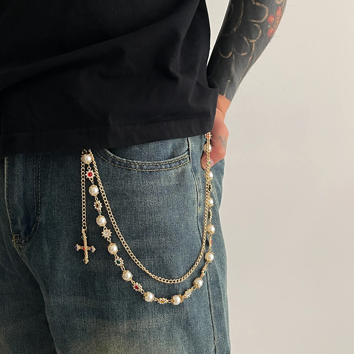 Ingemark Punk Cross Jesus Pendant Keychains for Men Rock Goth Pants Waist Belt Wallet Bag Chain Jeans Pants Male Jewerly Grunge