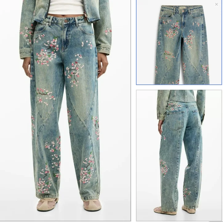 Spanish trade, flower-embroidered loose straight-leg casual and comfortable women's jeans