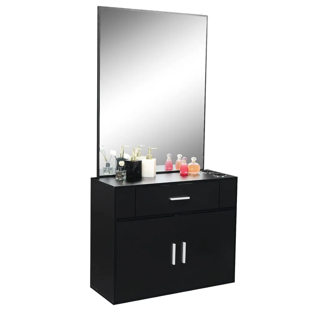 

Wall Mount Salon Station Hair Styling, Barber Salon Stations with Mirror, 1 Storage Cabinet, 1 Drawers, 2 Hair Dryer Holders