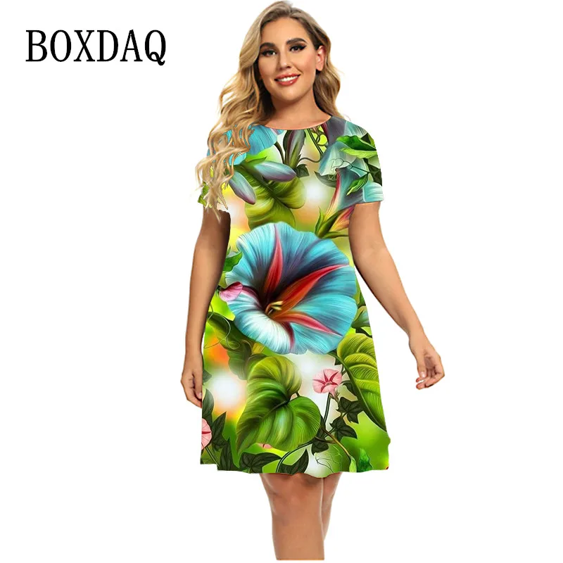 Plant Flowers Morning Glory 3D Print Women Dress Elegant Casual Short Sleee A-Line Dress 2023 Summer Plus Size Clothing Sundress