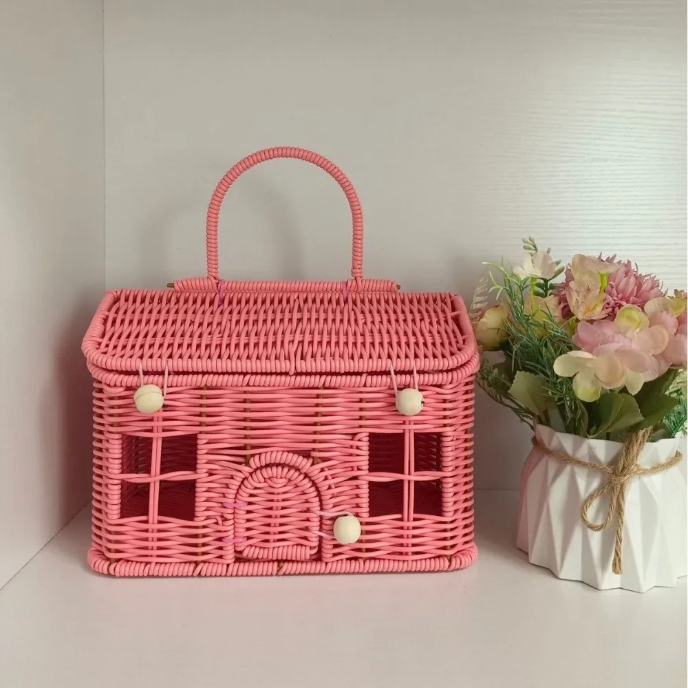 

House Shaped Rattan Picnic Basket With Handle Vintage Style Handheld Gift Box Imitation Rattan Clutter Organizer Picnic Supplies