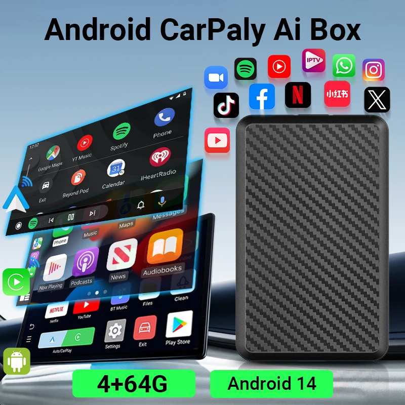 Android14 Wired to Wireless CarPlay Ai Box Android Auto 3in1 For Youtube Nexflit 4Cores 4G+64G Plug and Play For Audi Mazda Benz