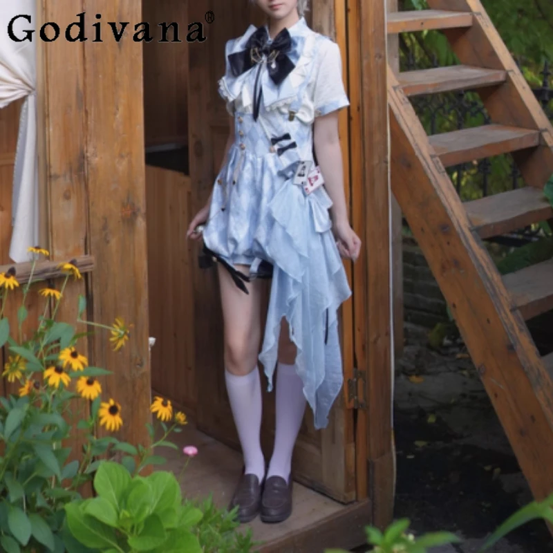 

Lolita Sweet Cool Girl Light Blue High Waist Overalls Fashion Age-reducing Short Sleeve Top Bow Flower Lace-up Personalized Sets