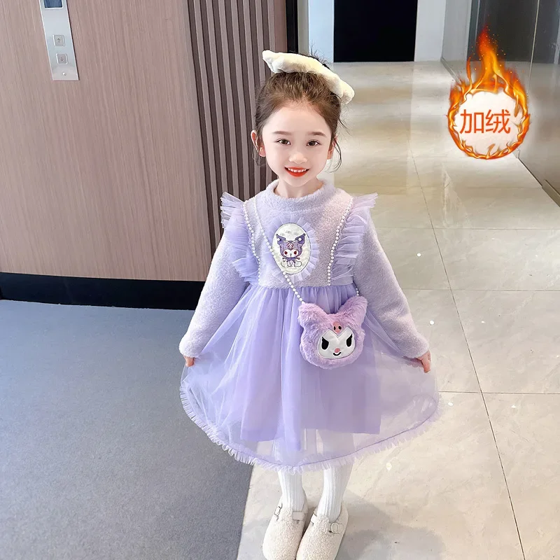 Anime Sanrioed Kuromi Children's Velvet Dress Kawaii Princess Dress Gauze Dress Fashion Skirt Thickened Warm Children's Clothing