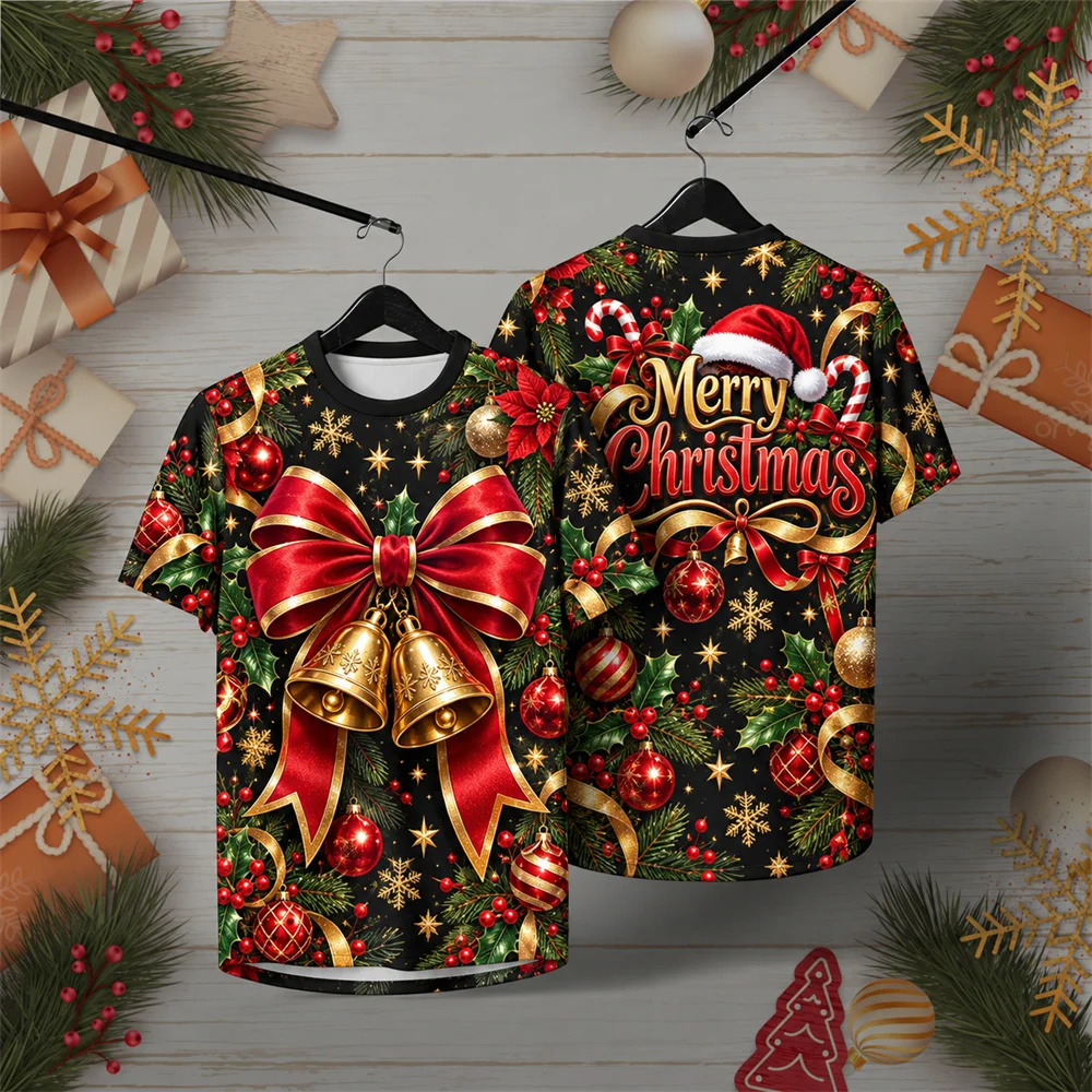 Christmas Snowman and Holly Wreath Graphic T Shirt for Men Microfiber Short Sleeve Casual Tee with Festive Stars and Presents