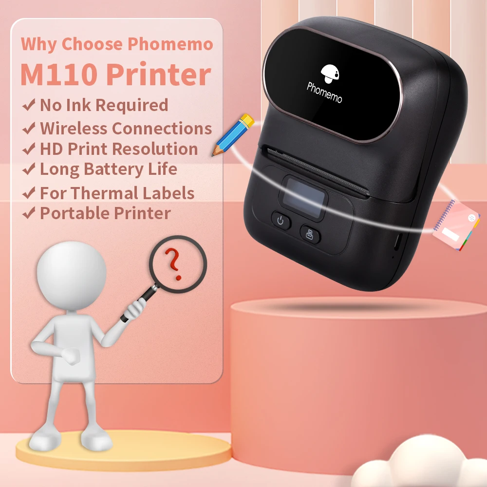 Phomemo M110 Thermal Wireless Label Printer Sticker Mini Printer Barcode Bluetooth Label Maker Price Tag Printers Free APP