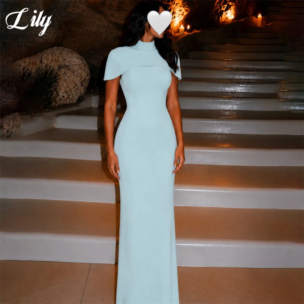 Lily Light Blue Prom Dress Mock Neck Cape Sleeve Celebrity Dress Mermaid Women's Evening Dress Elegant Formal Gown Customized