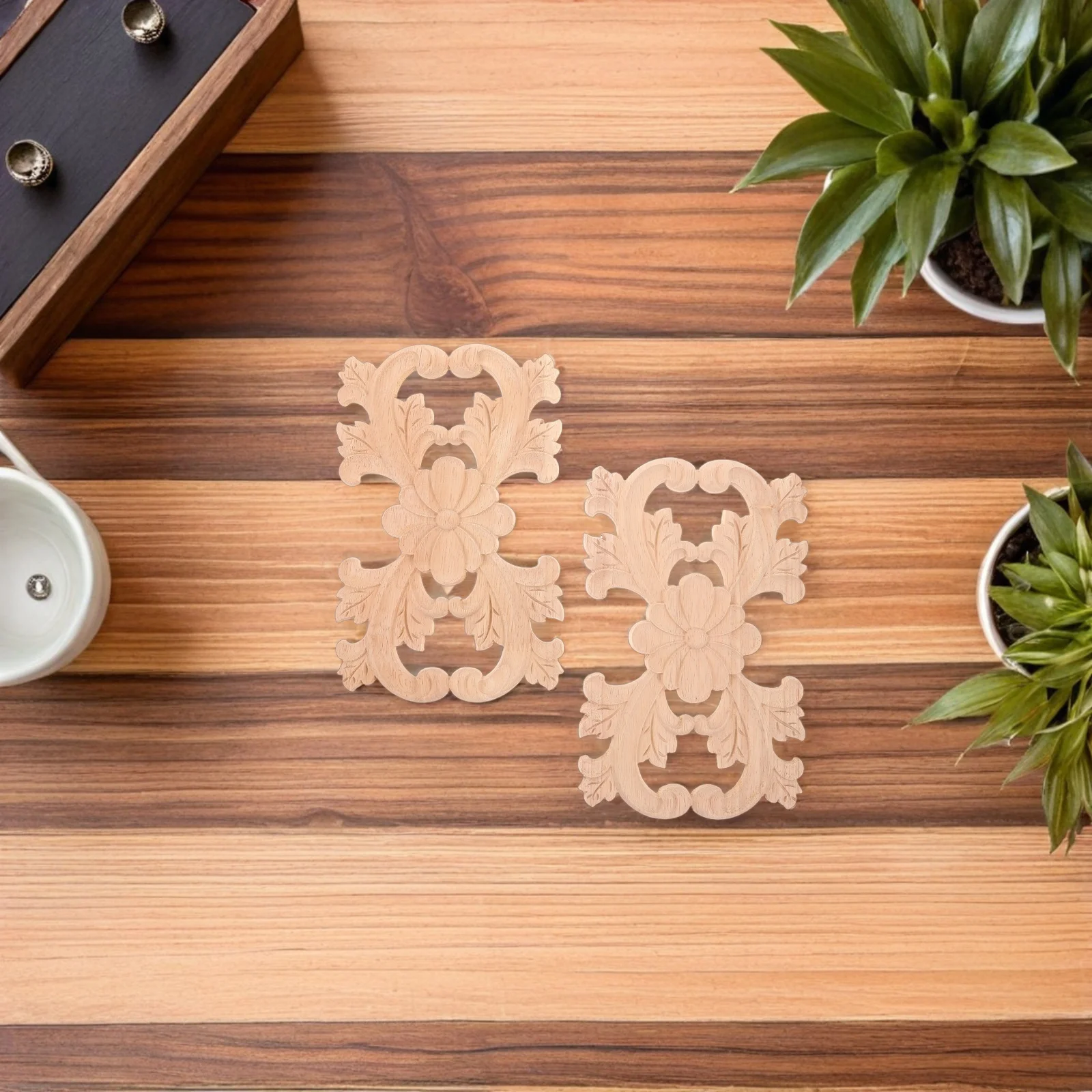 

2Pcs Wood Appliques Decorative Onlays Carved Solid Wood DIY Corner Flower Appliques for Furniture Wall Door Home Decor