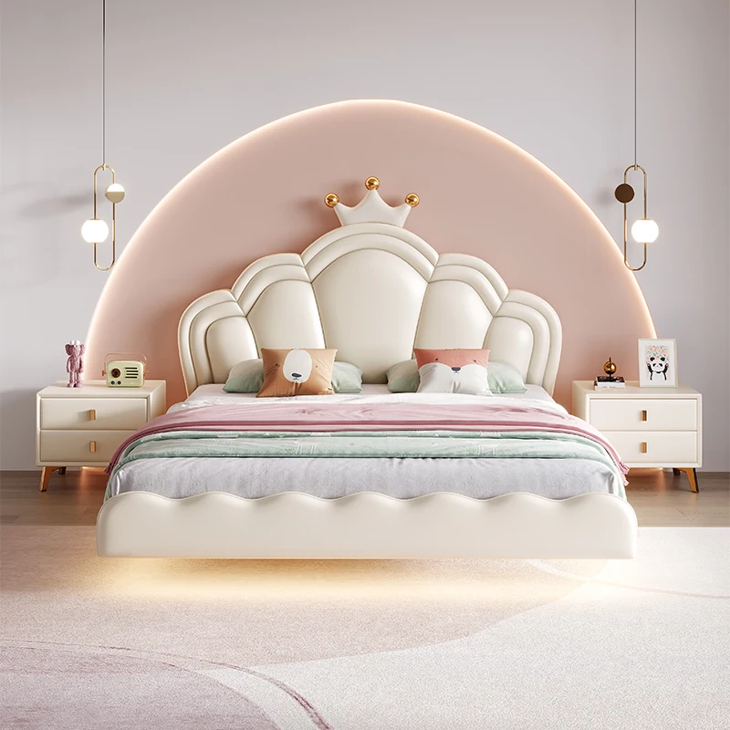 Cream Wind Children's Suspension Bed With Lights Modern Simple Girl Boy Soft Package Light Luxury Double Master Bedroom Bed
