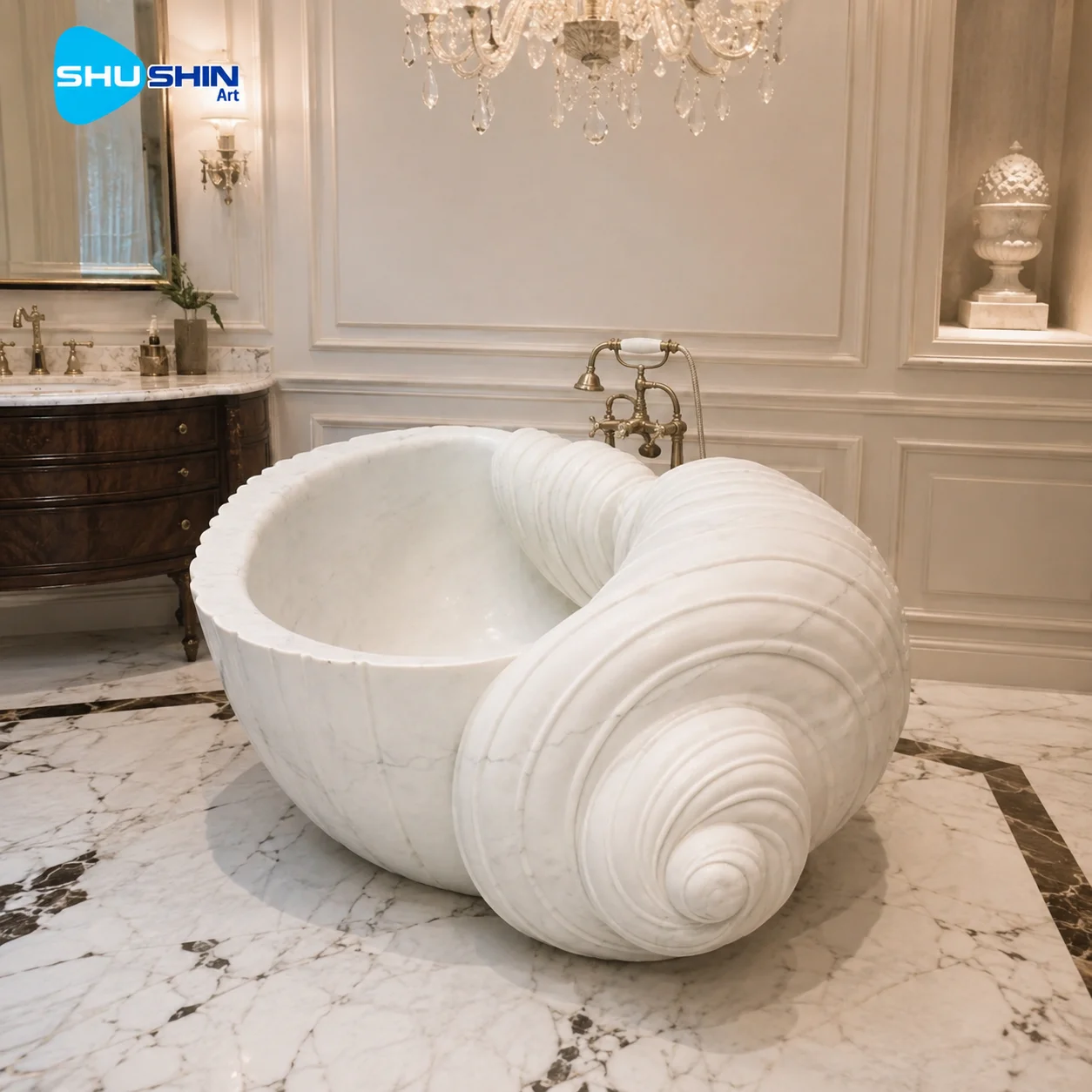 Luxury Stone Baths,Luxury Marble Conch Bathtub Hand Carved Natural Stone Seashell Tub  standing Spa Bath For Hotel Villa Reso