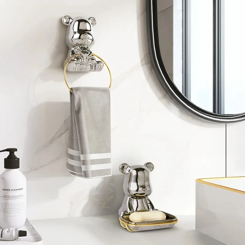 Little Bear Soap Dish Creative Bathroom Wall Hanging Ceramic Towel Holder and Hook Modern Home Decoration Bathroom Accessories