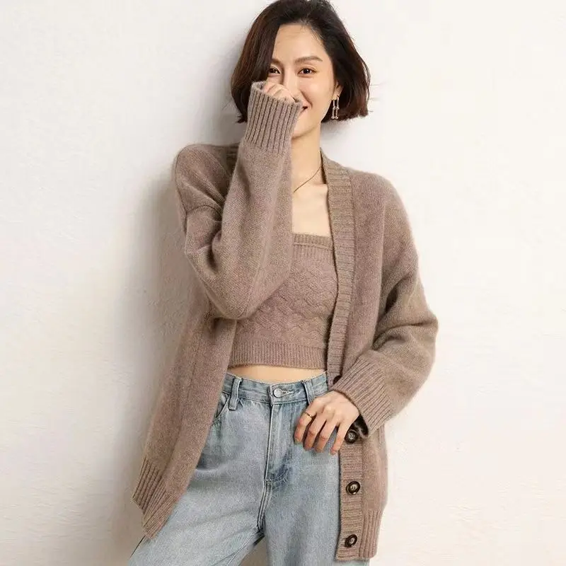 

Lazy Retro Jacket Knitted Sweater Cardigan Solid Color Style Versatile Top Cardigan Medium to Long