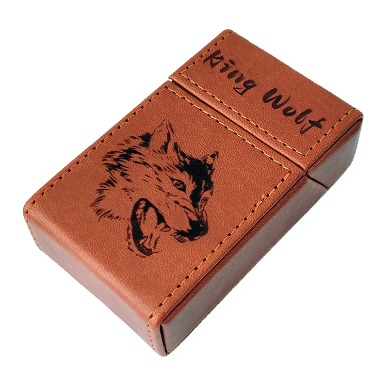 Hi Quality PU Leather Magnetic Cigarette Case 20 Pcs Whole Pack Laser Engraved Pattern King Wolf Smoking boxes