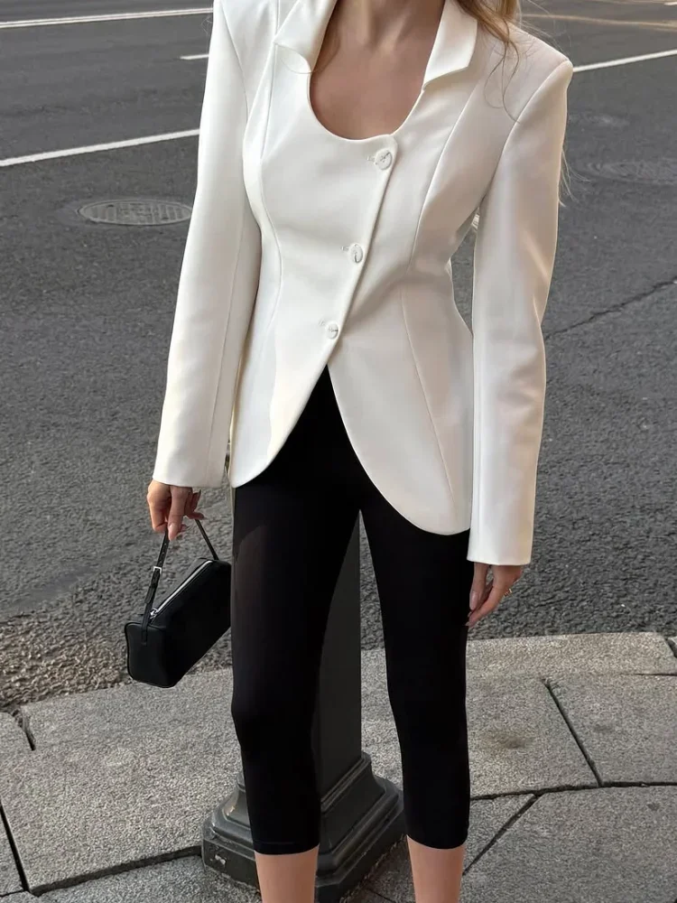 Women White Blazer Waist Cinching Coat U Neck Full Sleeve Single Breasted Jacket Chic Casual Lady Commuter Street Outwear