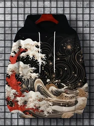 Interesting design Ukiyoe Harajuku fashion men's hoodie casual y2k hoodie men's autumn and winter wave pattern sports hoodie