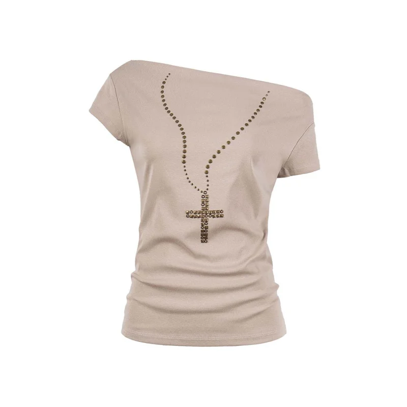 Syepa 2026 Cross Necklace Rhinestone Short Sleeve T-Shirt for Women, New Summer Original Niche Design Top