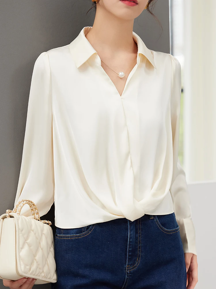 

QOERLIN Elegant Office Ladies Elastic Waist Long Sleeve Slim Short Shirt Women Turn-Down Collar Bussiness Blouse with Necklace