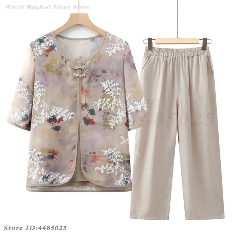 Women Spring Summer Casual Outfit Short Sleeved Blouses Set Trousers Lady O-Neck Chiffon Shirts Tang Suit Mom Traditional Outfit