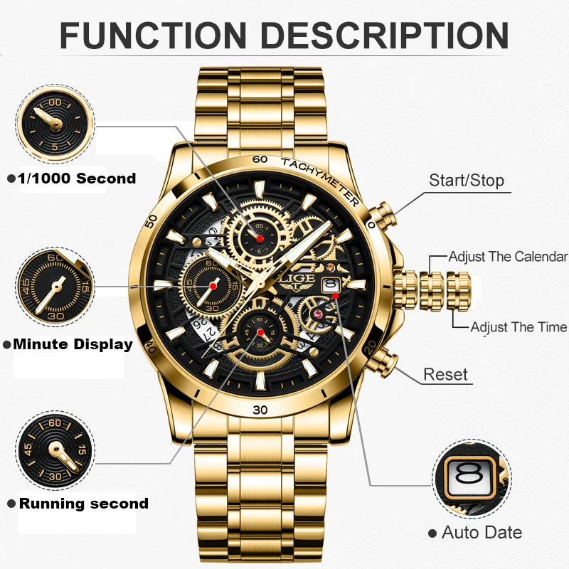 LIGE Fashion Gold Watch Men Military Sport Quartz Mens Watches Top Brand Luxury Full Steel Waterproof Chronograph Reloj Hombre