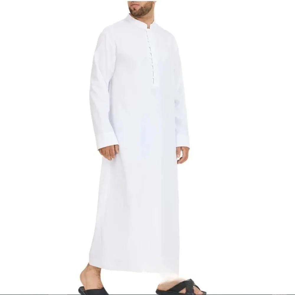 

2026 Saudi Style Round Collar Thobe - Men's Breathable Loose Muslim Robe for Arab Occasions