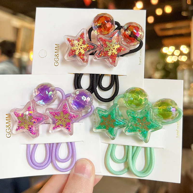 2pcs/lot Colorful Elastic Hair Bnds Transparent Acrylic Star Ball Hair Ties Girl Gum Lovely Kids Ponytail Holder Rope image 3